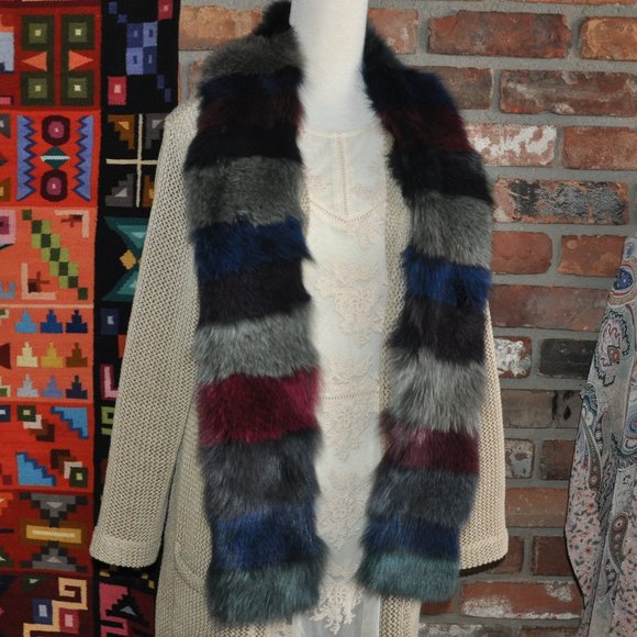 MultiColor Dyed Striped FOX FUR Scarf 62" Long Scarf, Neck Wrap Double Sided - Picture 1 of 3